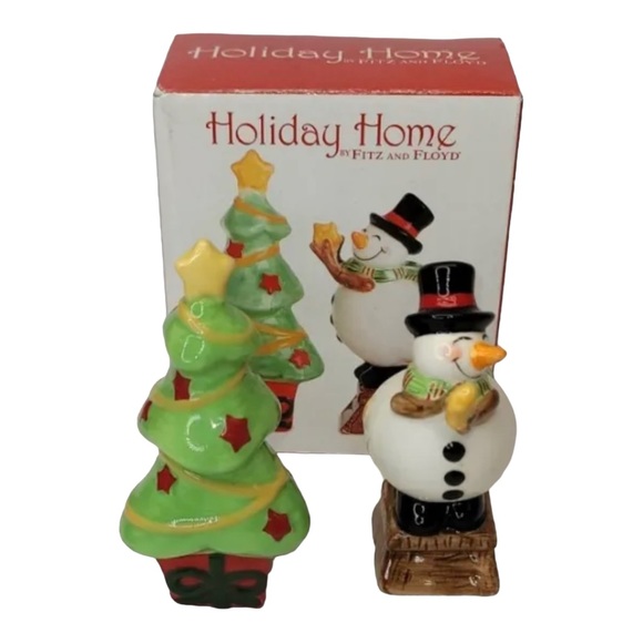 “HOLIDAY HOME” Snowman decorating Xmas Tree Salt & Pepper Set by Fitz & Floyd - Picture 10 of 10